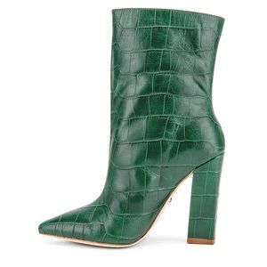 Raye emerald green croc booties with heel